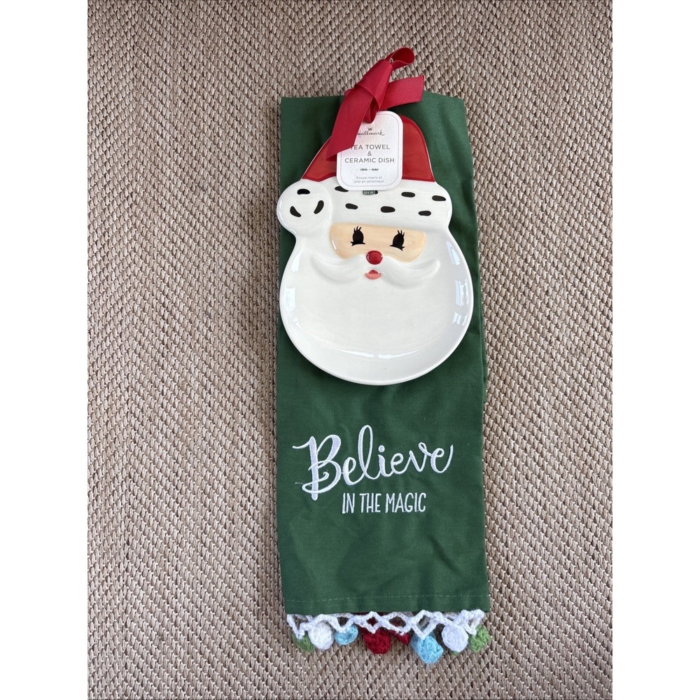HALLMARK TEA TOWEL & CERAMIC DISH SANTA NEW WITH TAGS TWO PIECE SET